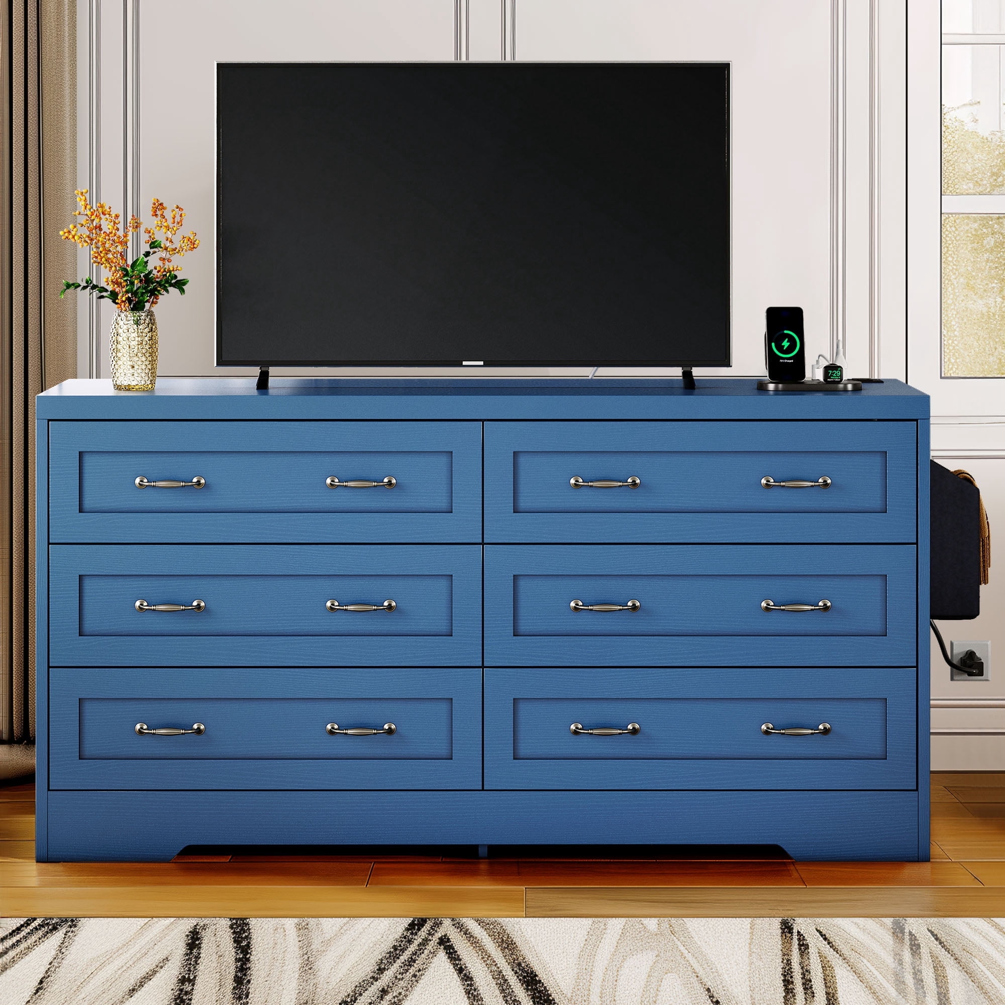 Dextrus 6 Drawer Dresser with Handles & Power Outlets, Wood