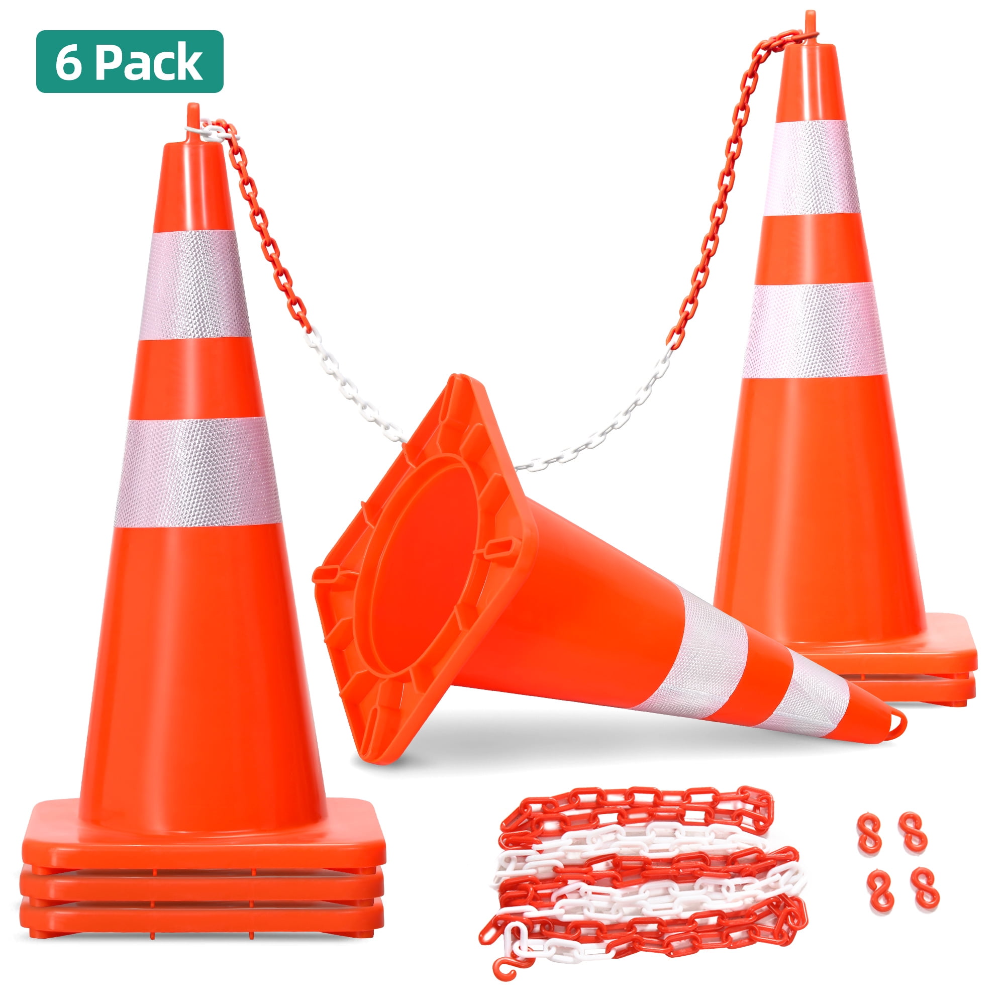 Dextrus 6 Pcs Traffic Cones, 28" PVC Safety Cones with 16.4 ft Chain
