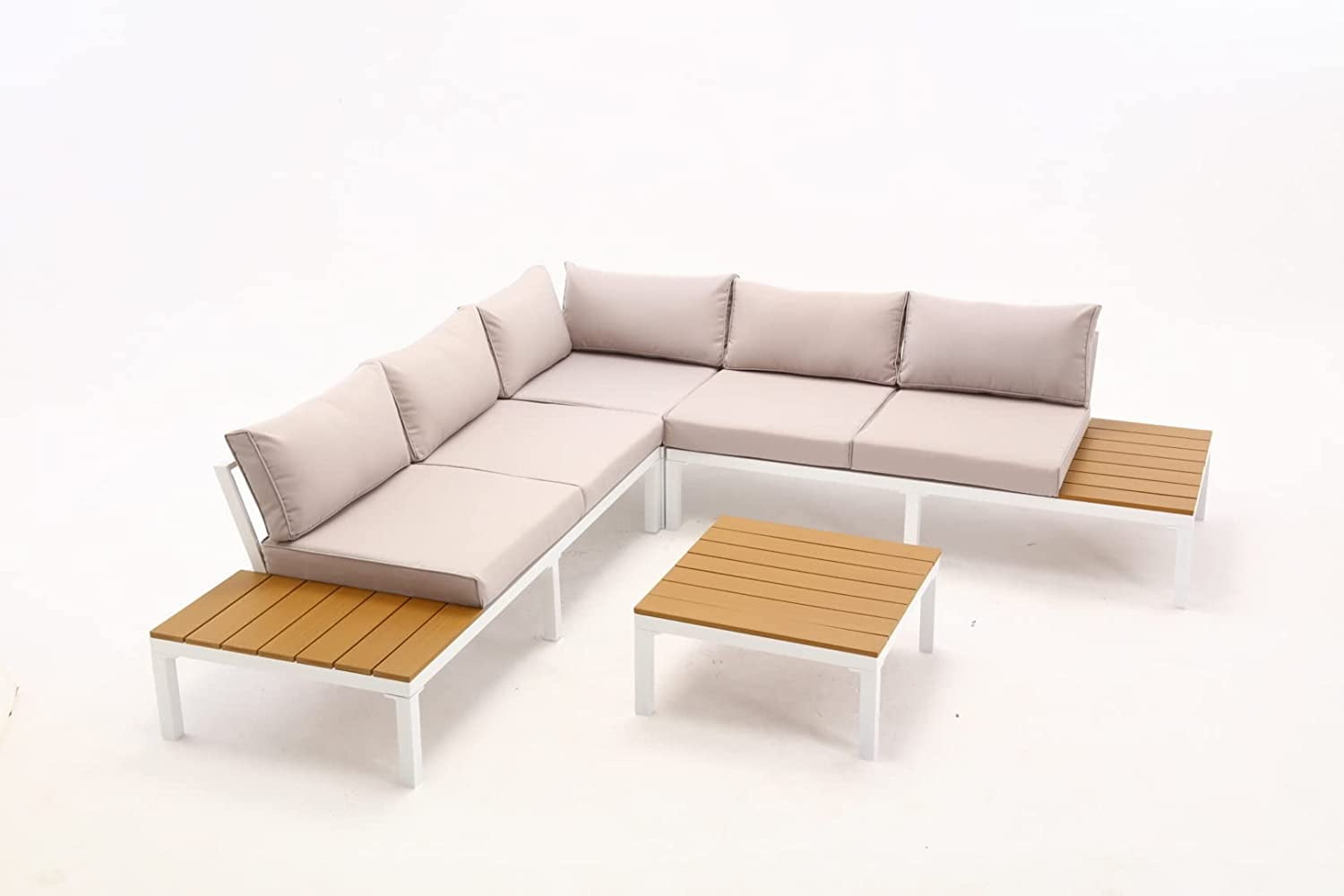 Dextrus 6-Piece Aluminum Patio Furniture Set, Outdoor L-Shaped Sectional Sofa with Plastic Wood Side Table and Soft Cushion for Backyard Poolside, Porch(Beige)