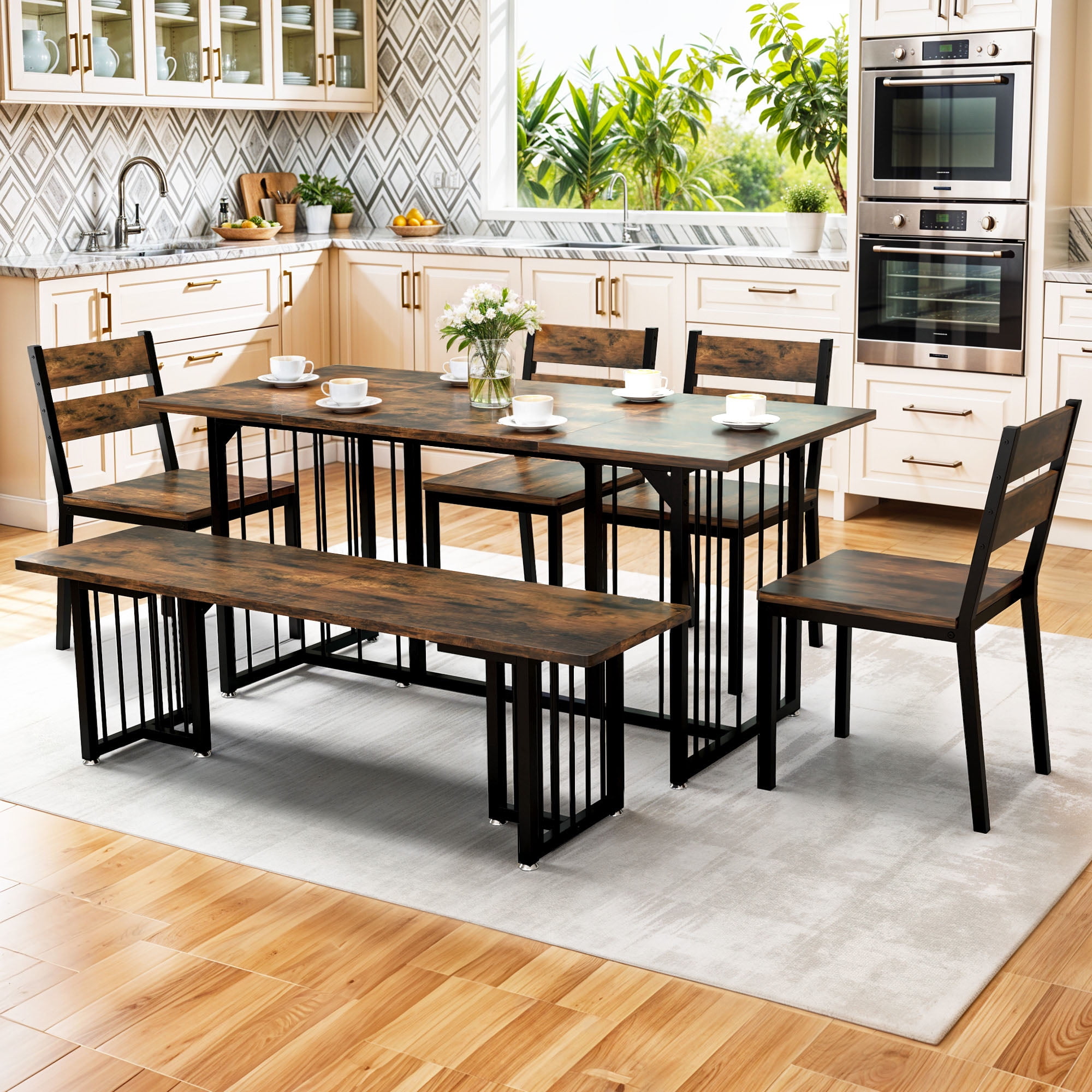 Dextrus 6-Piece Dining Room Set with Bench and 4 Chairs, Farmhouse ...
