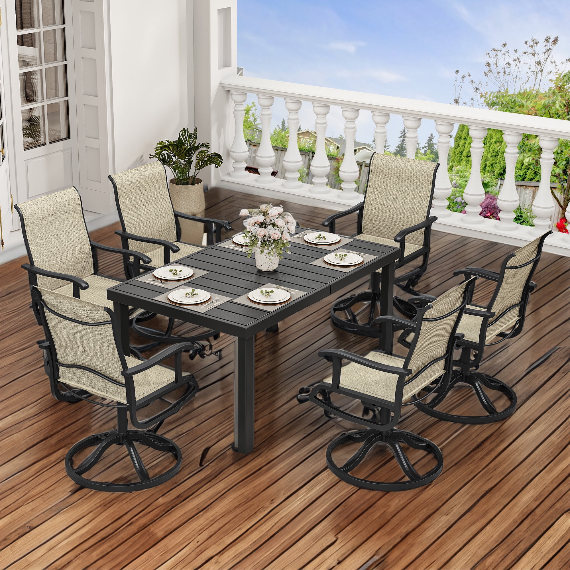 Dextrus 6Piece Metal Outdoor Dining Set, Swivel Chairs and 55
