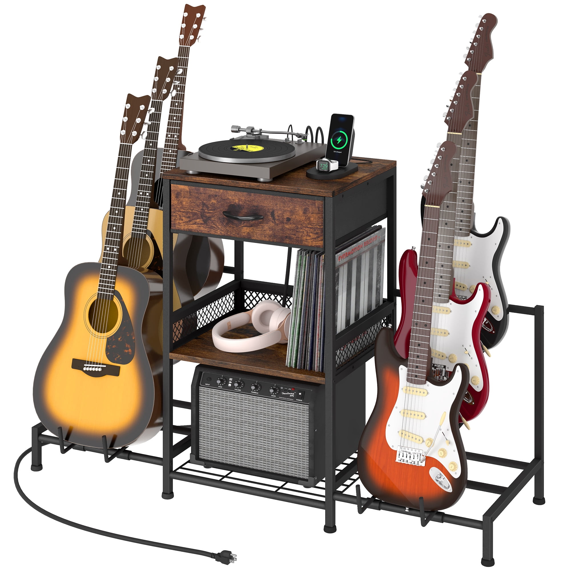 Dextrus 6Tier Adjustable Guitar Stand with Storage Drawer & Power