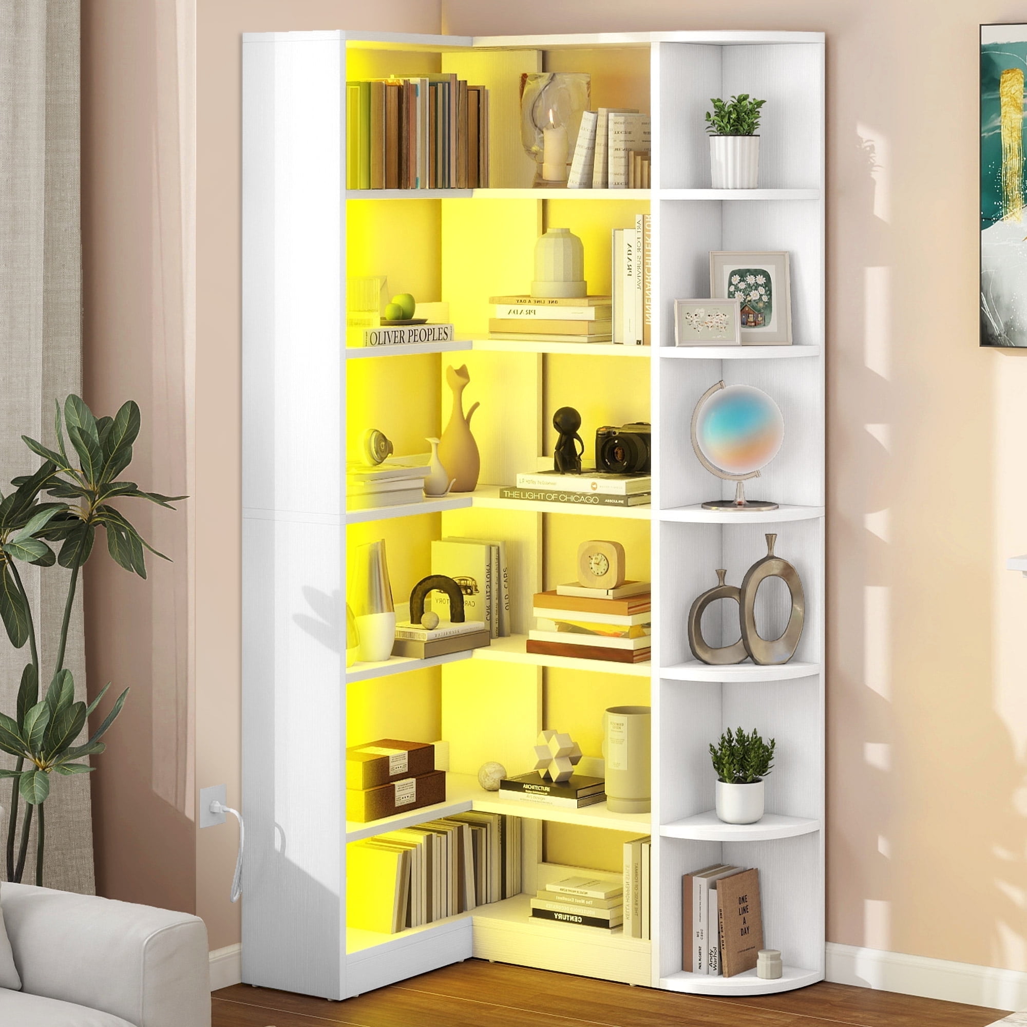 White L-Shaped 6-Tier Corner Bookshelf with LED Light