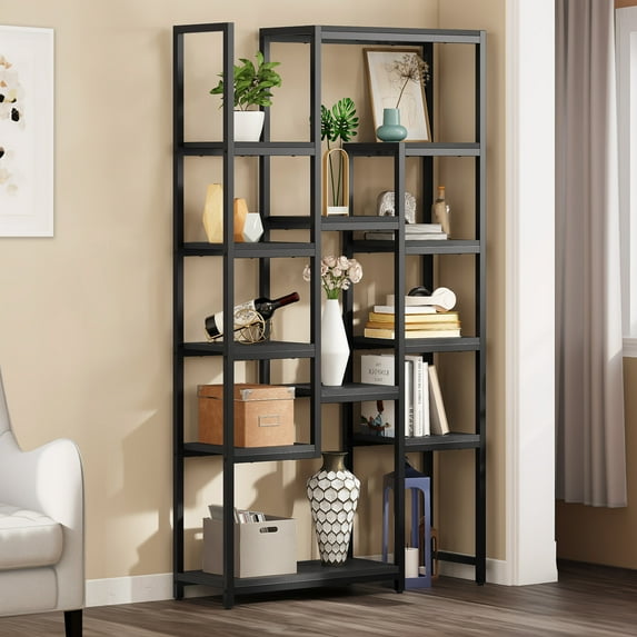 Dextrus 6-Tier Bookshelf, Tall Black Metal & Wood Bookcase with 12 Shelves, Freestanding Storage for Home & Office