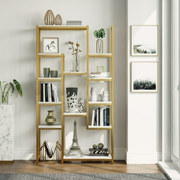 Dextrus 6 Tier Bookshelf, Tall Modern Free Standing Bookcase with 12 Shelf, Open Display Shelf Storage Book for Office Home, Gold