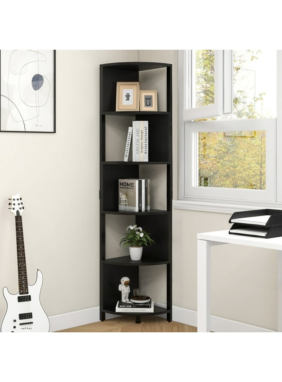 Dextrus 6-Tier Corner Shelf, 68.8" Tall Modern Free Standing Zigzag Corner Bookshelf for Living Room, Home Office,Black