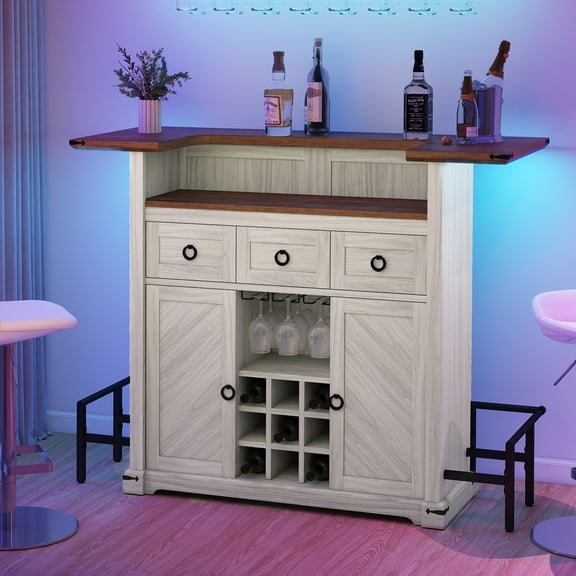 Dextrus 6 Tier Home Bar Unit with LED Light, 55" Wine Cabinet with 2 Drawers, Walnut