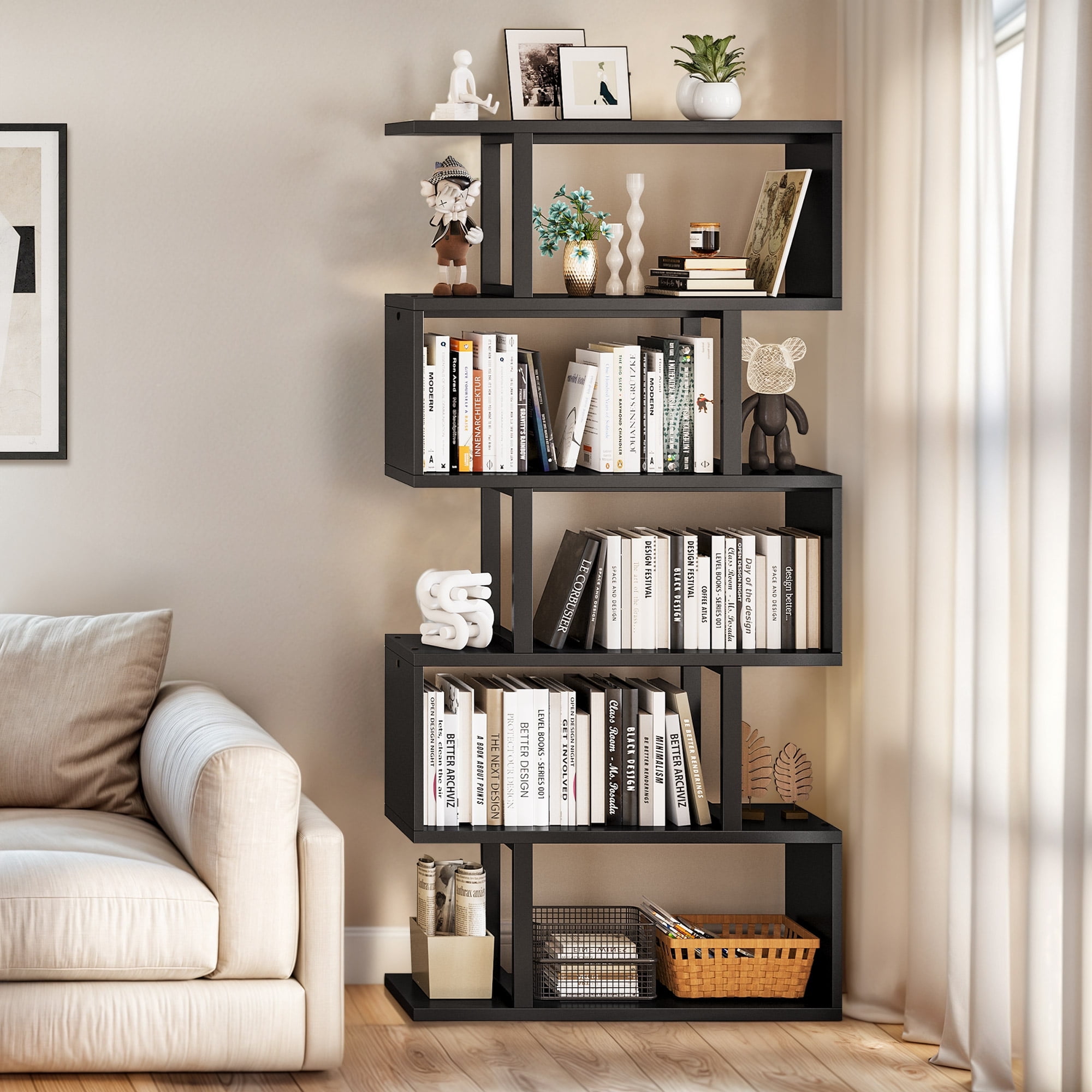 Dextrus 6-Tier S-Shaped Bookshelf , Geometric Tall Bookcase Wooden, Open Display Storage Rack Shelves Freestanding Z-Shelf Open Shelf for Living Room Home Office, Black