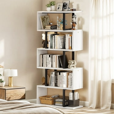 Dextrus 6-Tier S-Shaped Bookshelf , Geometric Tall Bookcase Wooden, Open Display Storage Rack Shelves Freestanding Z-Shelf Open Shelf for Living Room Home Office, White
