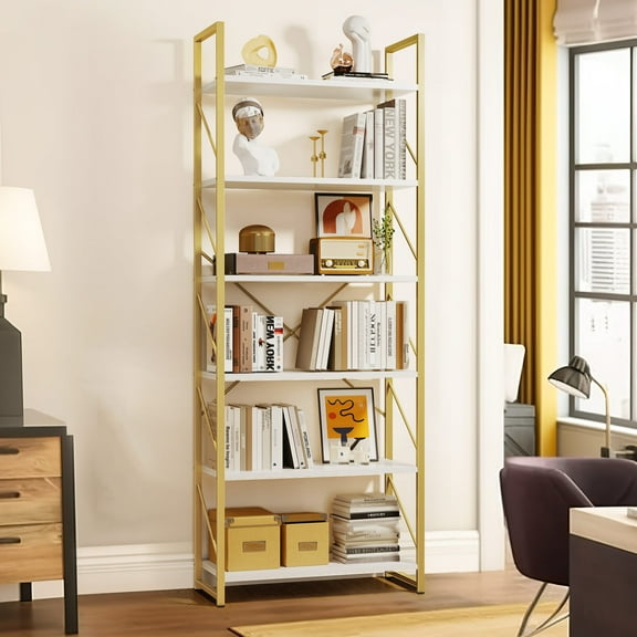 Dextrus 6 Tiers Ladder Bookshelf, 69 inch Classically Modern Freestanding Bookcase,Modern Open Display Storage Organizer Book Shelves in Living Room/Home/Office,Gold