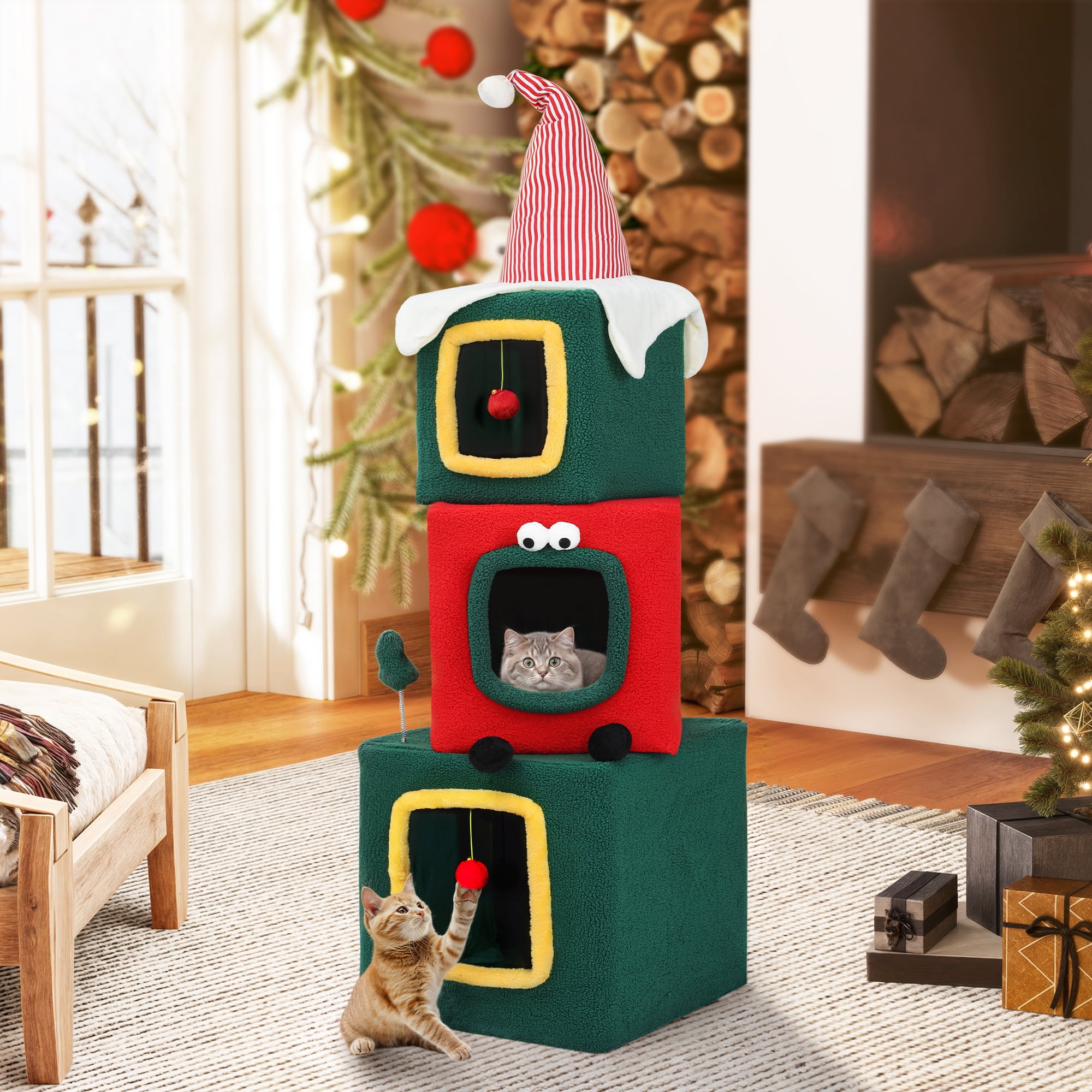 Dextrus 60 in Christmas Cat Tree with Cat House Cat Tower for Indoor Cats with Cat Condos,Kittens Play Activity Center,Cat Furniture with Plush Ball for Christmas Decoration