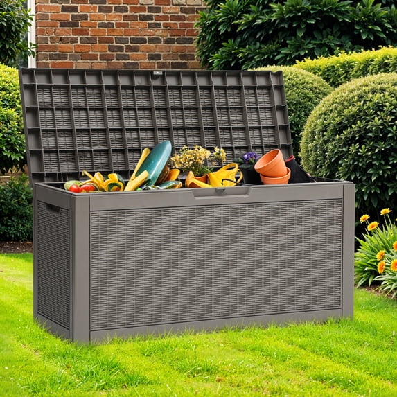 Dextrus 60 Gallon Outdoor Resin Deck Box,Weatherproof&Lockable Rattan Storage Box with Handles for Garden Patio,Light Brown