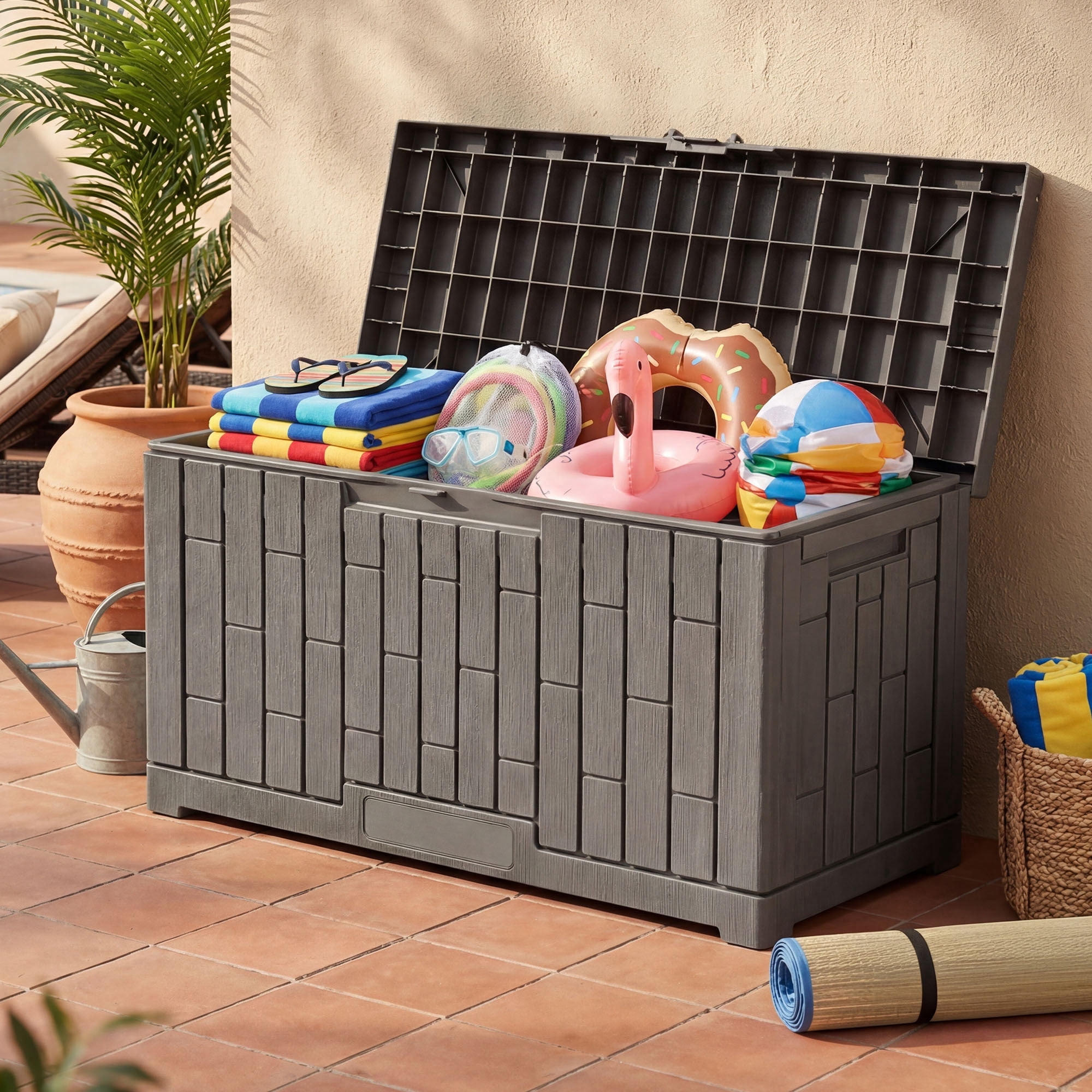 Dextrus 60 Gallon Weatherproof Rattan Deck Box, Heavy-Duty Resin Outdoor Storage Box with Slide-Locking Lid, Lockable Multi-Purpose Organizer for Patio, Garden and Home Essentials, Light Brown