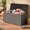 thumbnail image 1 of Dextrus 60 Gallon Weatherproof Rattan Deck Box, Heavy-Duty Resin Outdoor Storage Box with Slide-Locking Lid, Lockable Multi-Purpose Organizer for Patio, Garden and Home Essentials, Light Brown, 1 of 10