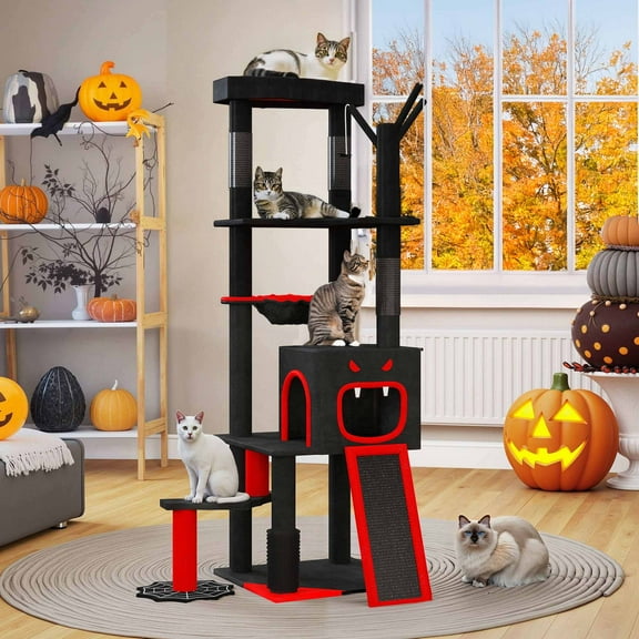 Dextrus 60" Gothic Cat Tree with Coffin Bed, Tall Halloween Cat Tower with Ladder & Sisal Scratching Posts, for Indoor Cats ,Black