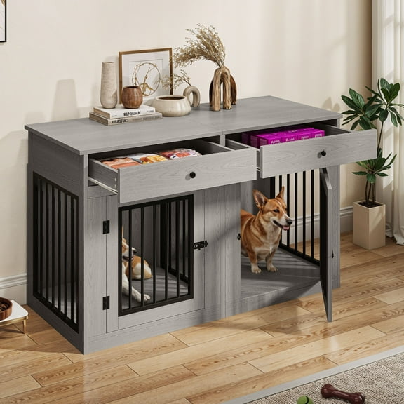 Dextrus 60" Large Double Door Dog Crate Furniture with Locks, Indoor Dog Cage Table with Removable Divider & 2 Storage Drawers, Gray