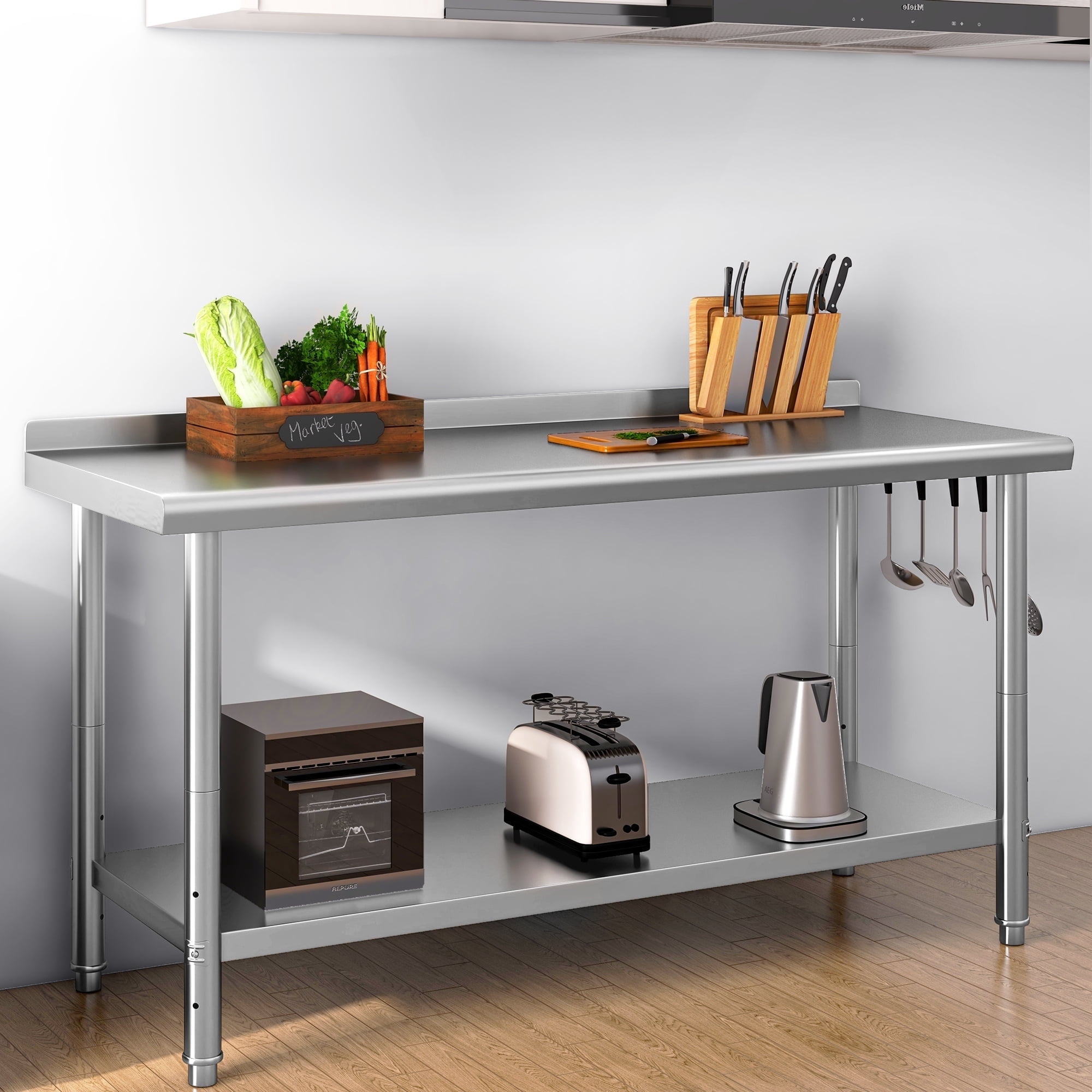 DEXTRUS Heavy Duty Stainless Steel Work Table with Backsplash and Adjustable Undershelf, 840 lb Capacity, 60 x 24 Inch