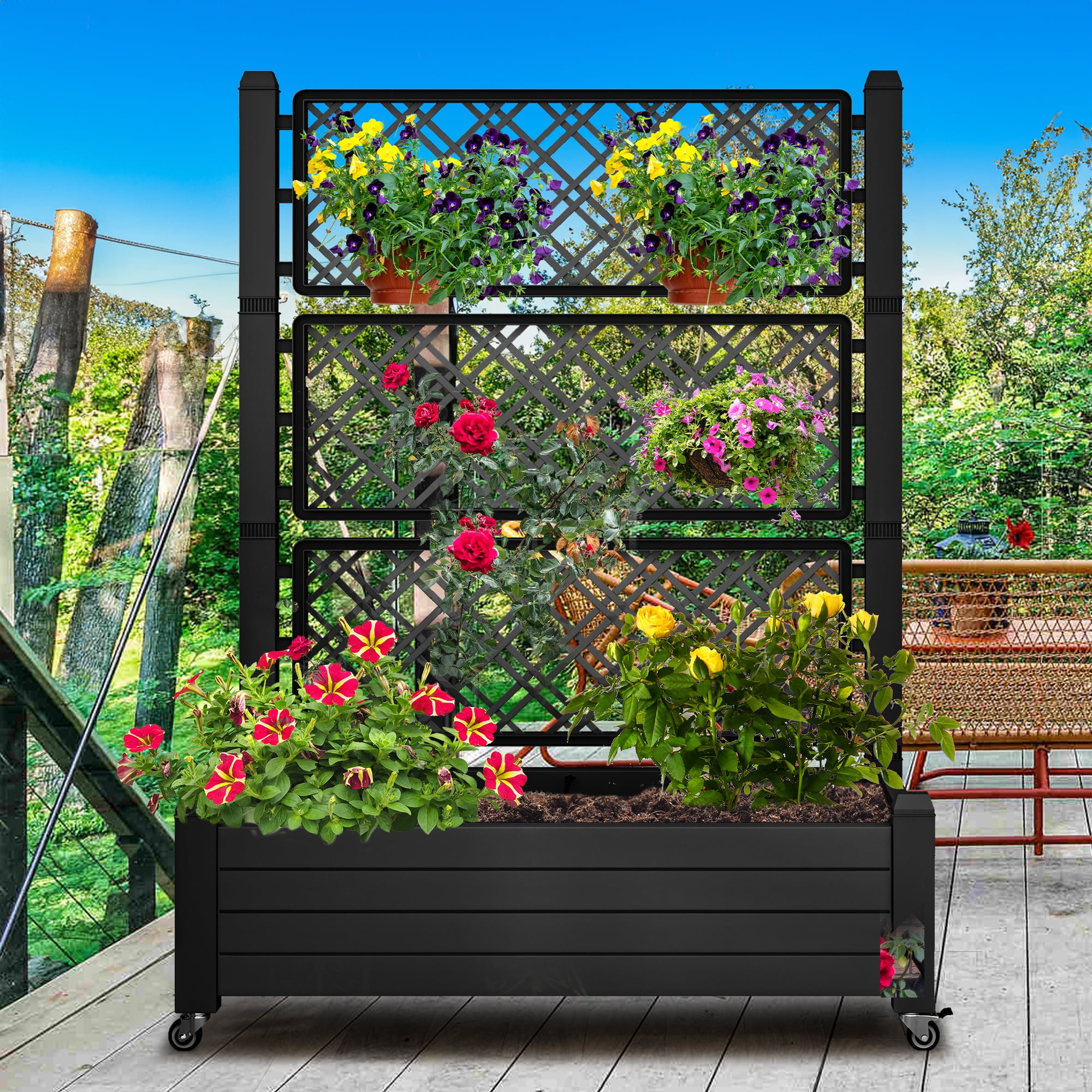 Dextrus 61'' Large Planter Box; Outdoor Raised Garden Bed with Trellis and Lockable Wheels,Ideal for Vines and Climbing Plants,with Drain Plug,43.3"L x 17.7"W x 61"H -Black