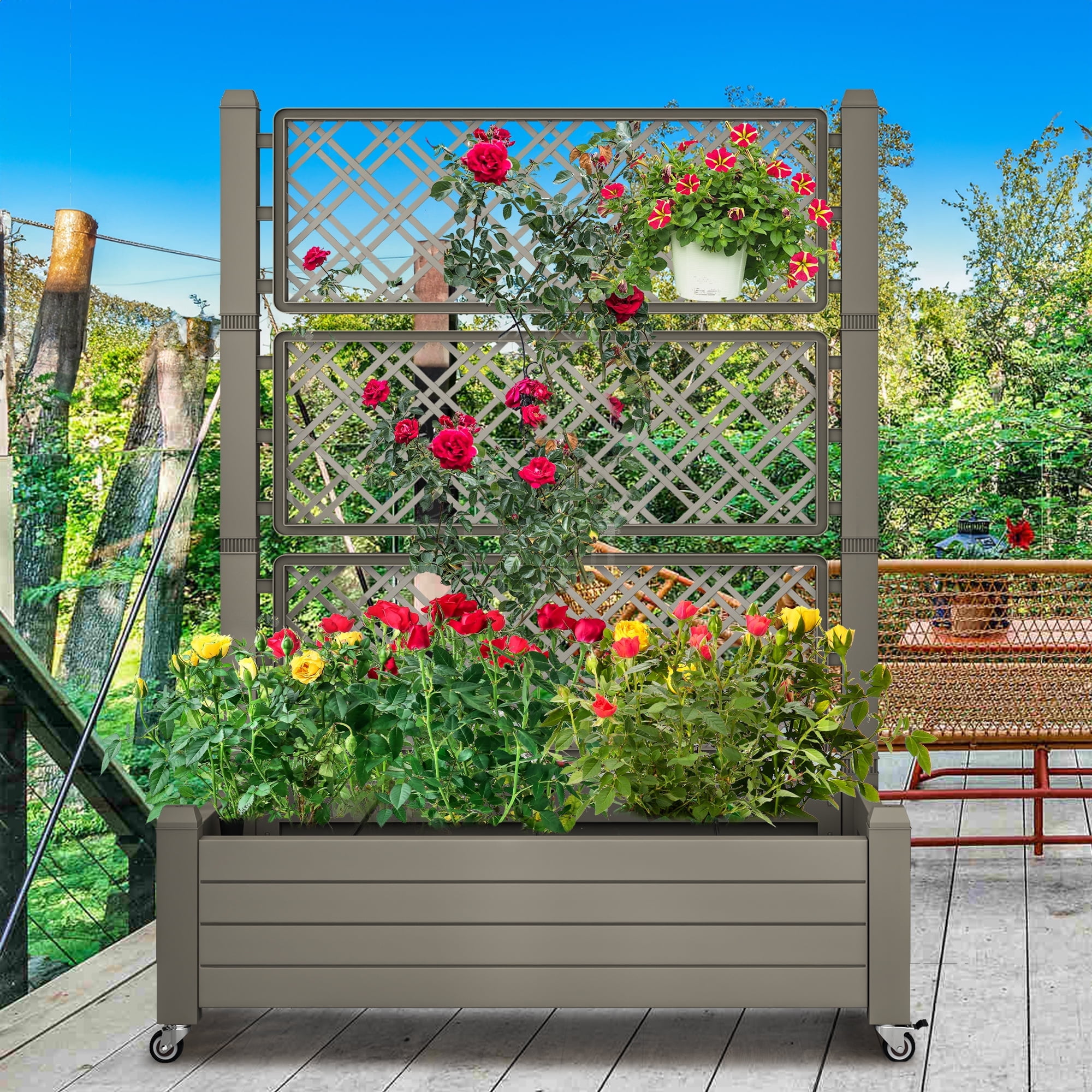 Dextrus 61'' Large Planter Box; Outdoor Raised Garden Bed with Trellis and Lockable Wheels,Ideal for Vines and Climbing Plants,with Drain Plug,43.3"L x 17.7"W x 61"H - Light Brown