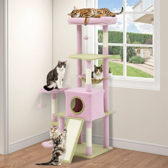 Dextrus 61" Tall Flower Cat Tree Tower, Indoor Cute Cat Climbing Tower with Cat Condo, Hammock, Cute Sisal Scratching Posts and Perches, Pink & Green