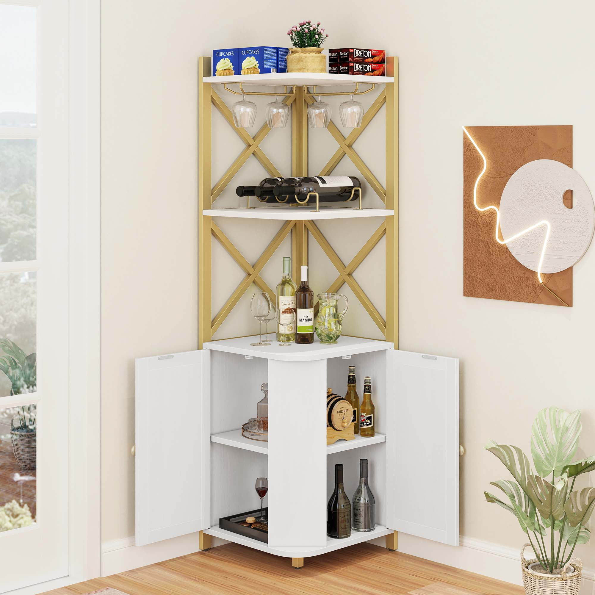 Dextrus 62.8" Corner Bar Cabinet for Liquor and Glasses, Corner Shelf with doors & Wine Rack, White