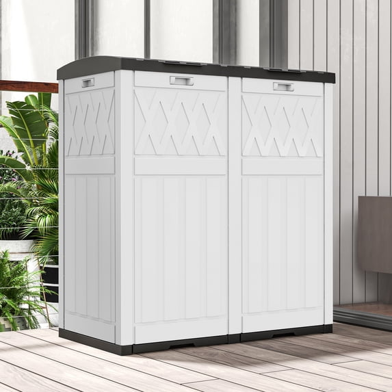 Dextrus 62-Gallon Outdoor Resin Trash Bins,Garbage Dual Can with Tiered Lid and Drip Tray, Waterproof Garbage Container for Outdoor Spaces like Patios, Kitchens&Backyards, Grayish-White