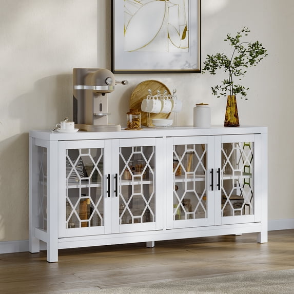 Dextrus 63" Buffet Cabinet with Storage & 4 Glass Doors, White