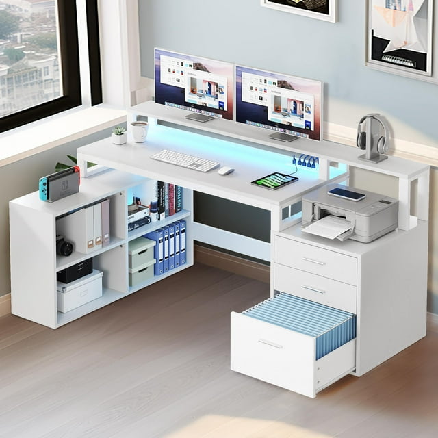 Dextrus 65" L Shaped Desk with Power Outlets and Monitor Stand , Computer Desk with LED Light &File Cabinet, Corner Desk with 3 Drawers & 4 Open Storage Shelves, Modern Home Office Desk, White