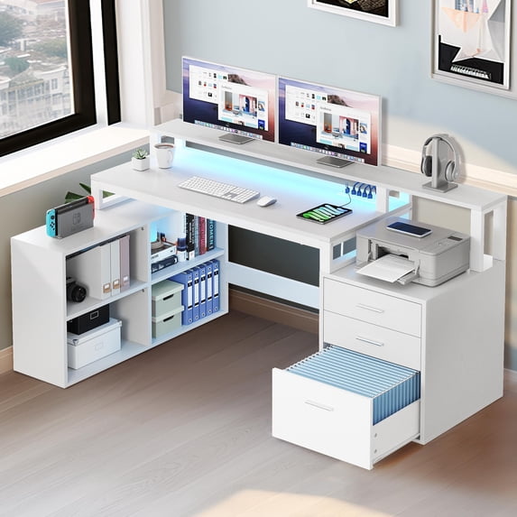 Dextrus 65" L Shaped Desk with Power Outlets and Monitor Stand , Computer Desk with LED Light &File Cabinet, Corner Desk with 3 Drawers & 4 Open Storage Shelves, White Modern Home Office Desk
