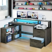 Dextrus 65" L Shaped Desk with Power Outlets and Monitor Stand , Computer Desk with LED Light &File Cabinet, Corner Desk with 3 Drawers & 4 Open Storage Shelves, White Modern Home Office Desk, Gray