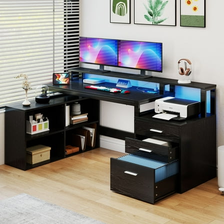 Dextrus 65" L Shaped Desk with Power Outlets and Monitor Stand , Computer Desk with LED Light &File Cabinet, Corner Desk with 3 Drawers & 4 Open Storage Shelves, White Modern Home Office Desk, Black