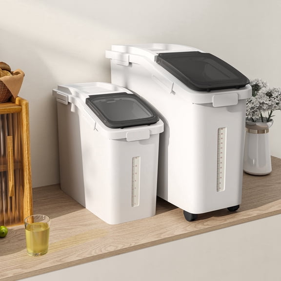 DEXTRUS Ingredient Storage Bins, 11.4+5.8 Gallon Rice Flour Containers on Wheels, White Black Lid