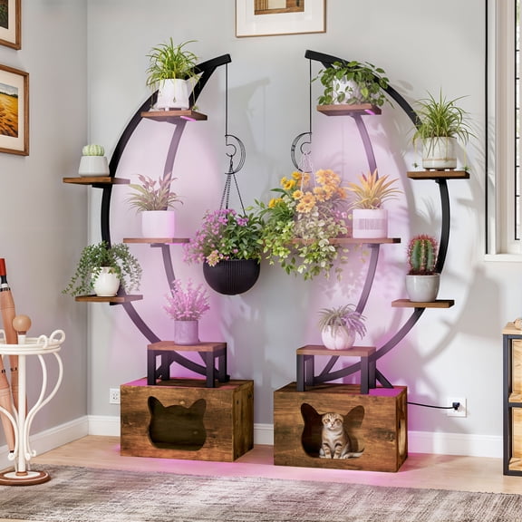 Dextrus 65" Plant Stands Indoors with Grow Lights, Half Moon Metal Storge Shelf,Multiple Pots Metal Flower Stands with Cat Litter Box