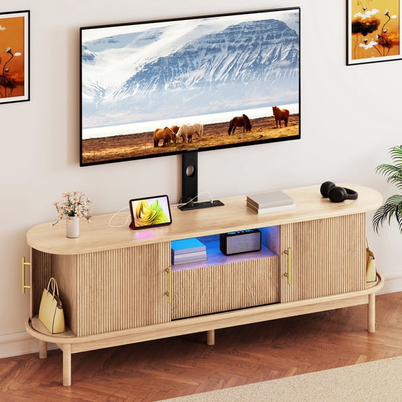 Dextrus 65" TV Stand with Mount for 32-75" TVs, Height Adjustable Fluted Entertainment Center, Oak
