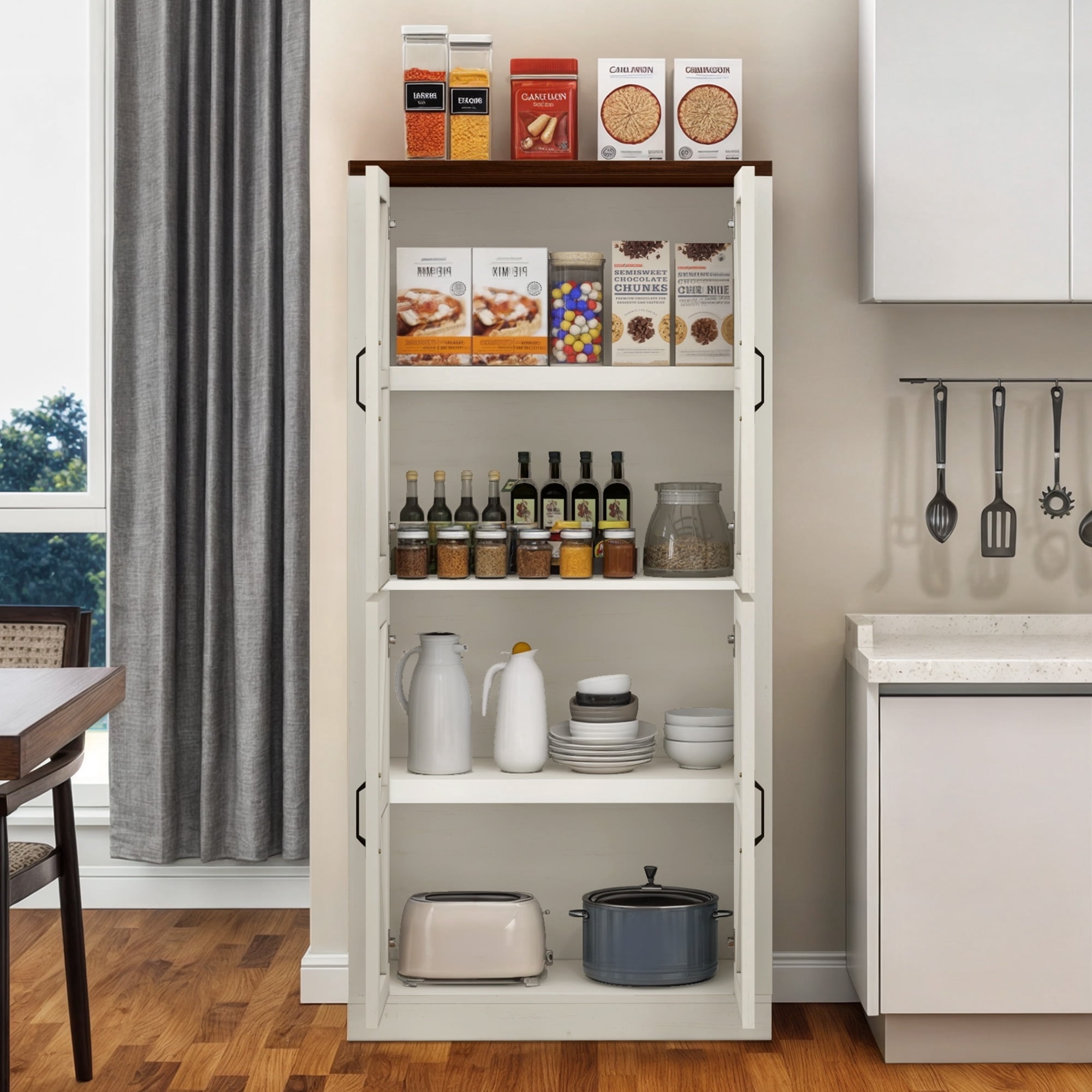 DEXTRUS 66" Freestanding Kitchen Pantry Cabinet with 4 Shelves and Doors, Storage Cabinet for Kitchen Dining Room Living Room, White