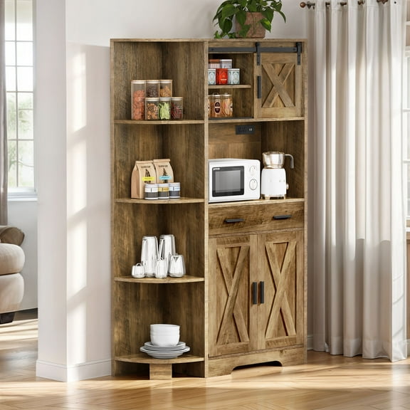 Dextrus 67" Farmhouse Pantry Storage Cabinet with Power Outlet ,Large Kitchen Pantry Buffet with Adjustable Shelves Freestanding Hutch Cabinet with Doors & Microwave Shelf, Coffee Bar, Cupboard