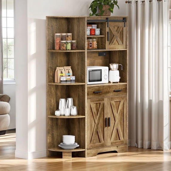 Dextrus 67" Farmhouse Pantry Storage Cabinet with Power Outlet ,Large Kitchen Pantry Buffet with Adjustable Shelves, Freestanding Hutch Cabinet with Doors & Microwave Shelf, Coffee Bar, Cupboard