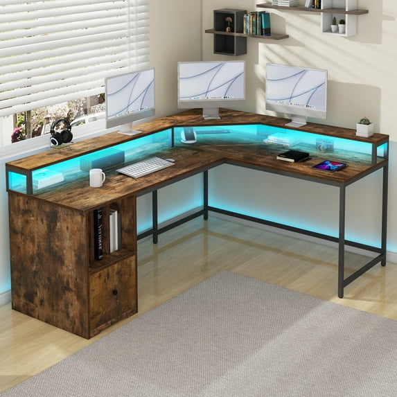 Dextrus 67 Inch L Shaped Desk with LED Light and Power Outlets, Computer Desk with Drawer, Office Desk, Rustic Brown