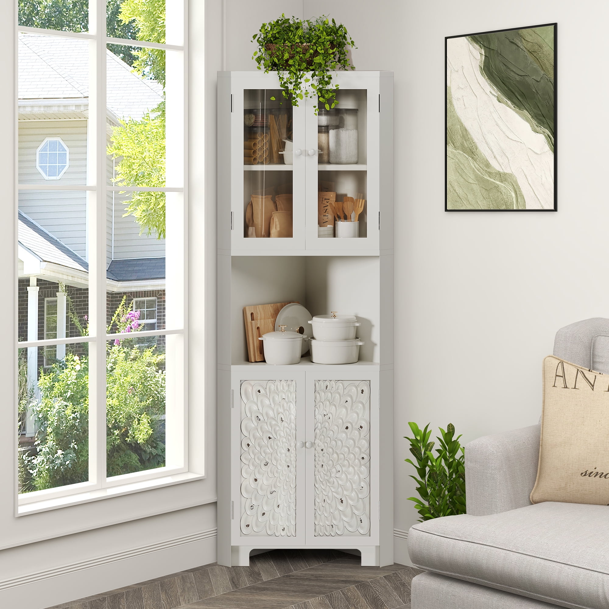 Dextrus 67 Tall Corner Stoarge Cabinet 2 Glass Doors 2 Carved Doors Corner Kitchen Buffet Cabinet for Living Room Bathroom Kitchen White