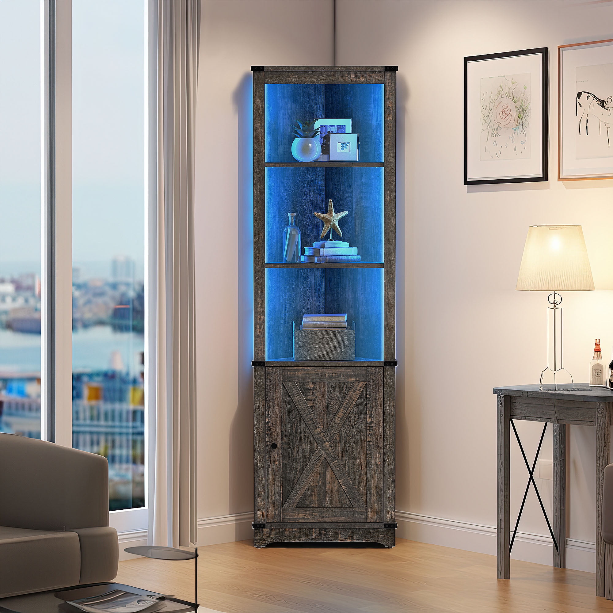 Light oak corner display cabinet discount