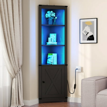 Dextrus 67"Tall Corner Storage Cabinet with Door & LED Light, Free Standing Corner Cabinet Bookcase Bookshelf with Adjustable Shelves, Display Shelf for Home Office, Black