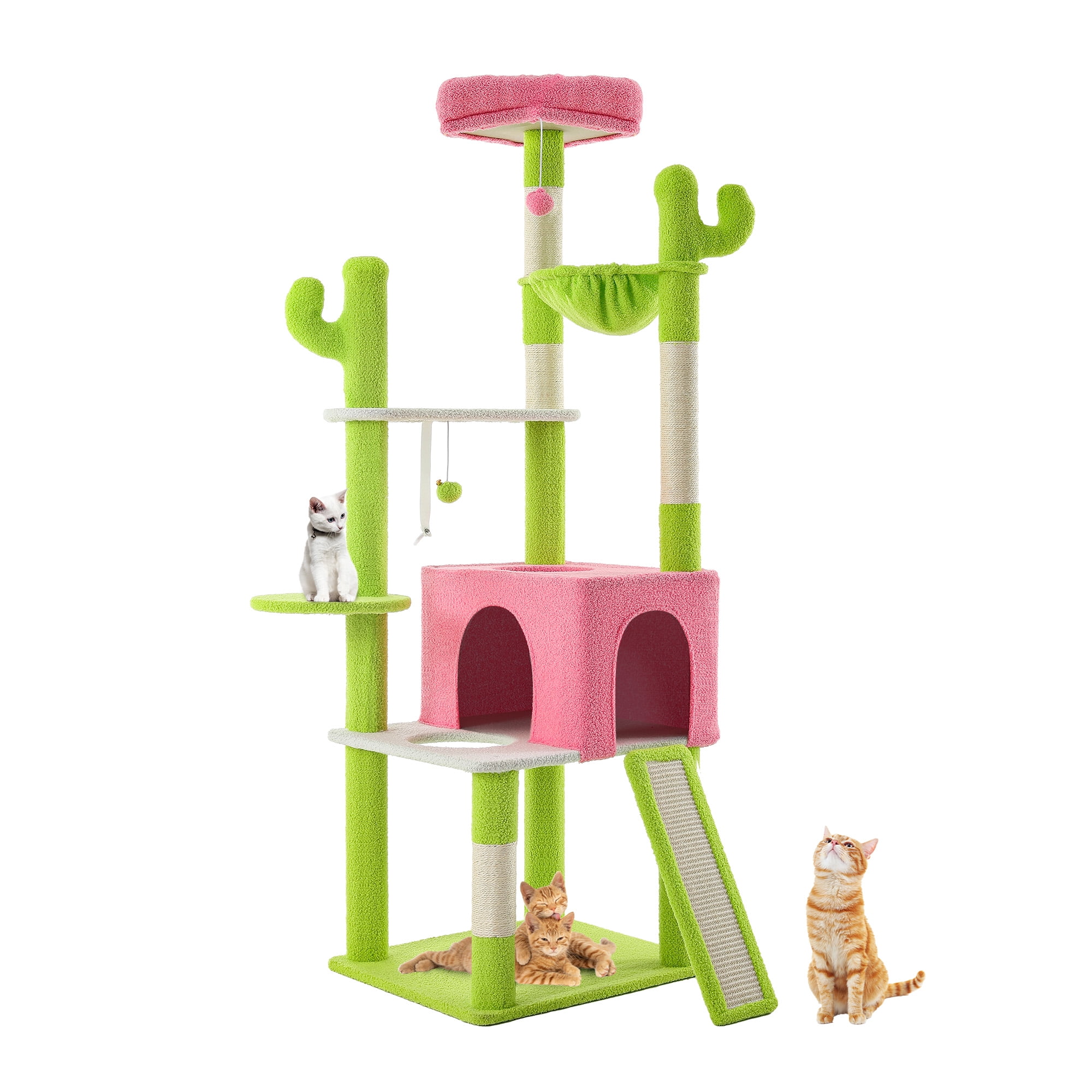 Dextrus 68"  Tall Cactus Cat Tree Tower with Sisal Post, Hanging Balls, Nest for Indoor Kittens, Green & Pink