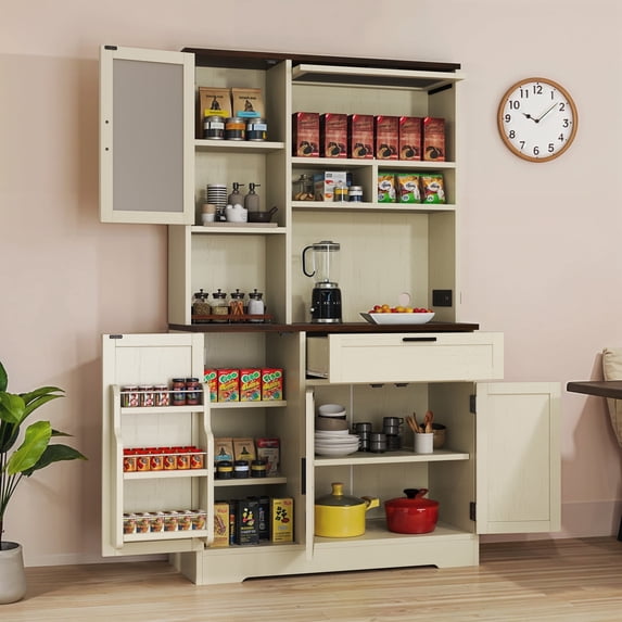 DEXTRUS 68" Tall Kitchen Pantry Cabinet with Microwave Stand & Power Outlet, Storage Cabinet ,Walnut