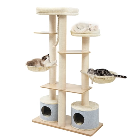 Dextrus 69" Tall Cat Tree, Wood Cat Tower Heavey Duty with 2 Condo for Large Cats up to 25 lbs, 2 Basket, Scratching Post, Removable Pads, Multi Level Tree for Indoor Cats
