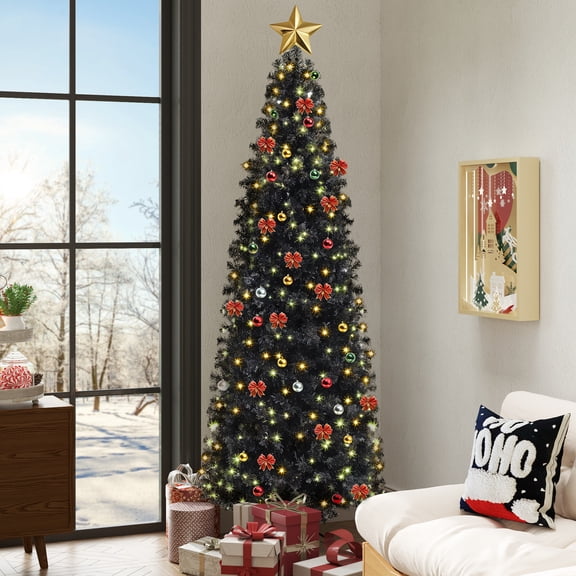 Dextrus 6FT Pre-lit Pencil Artificial Christmas Tree, Holiday Slim Christmas Tree with 700 Branch Tips & 200 Lights, Remote Control,11 Modes, Black