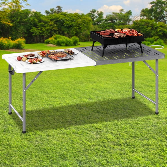 Dextrus 6Ft Portable Folding Grill Table, 2-in-1 Design Metal Outdoor Table with Mesh Surface for Camping, BBQ, Picnic, White