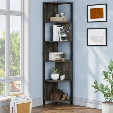Dextrus 6Tiers Corner Shelf Bookshelf, Industrial Small Corner Bookcase Plant Stand, Wooden Corner Open Shelf Bookcase for Living Room Homefor Bedroom, Living Room, Small Space, Charcoal Gray + Black