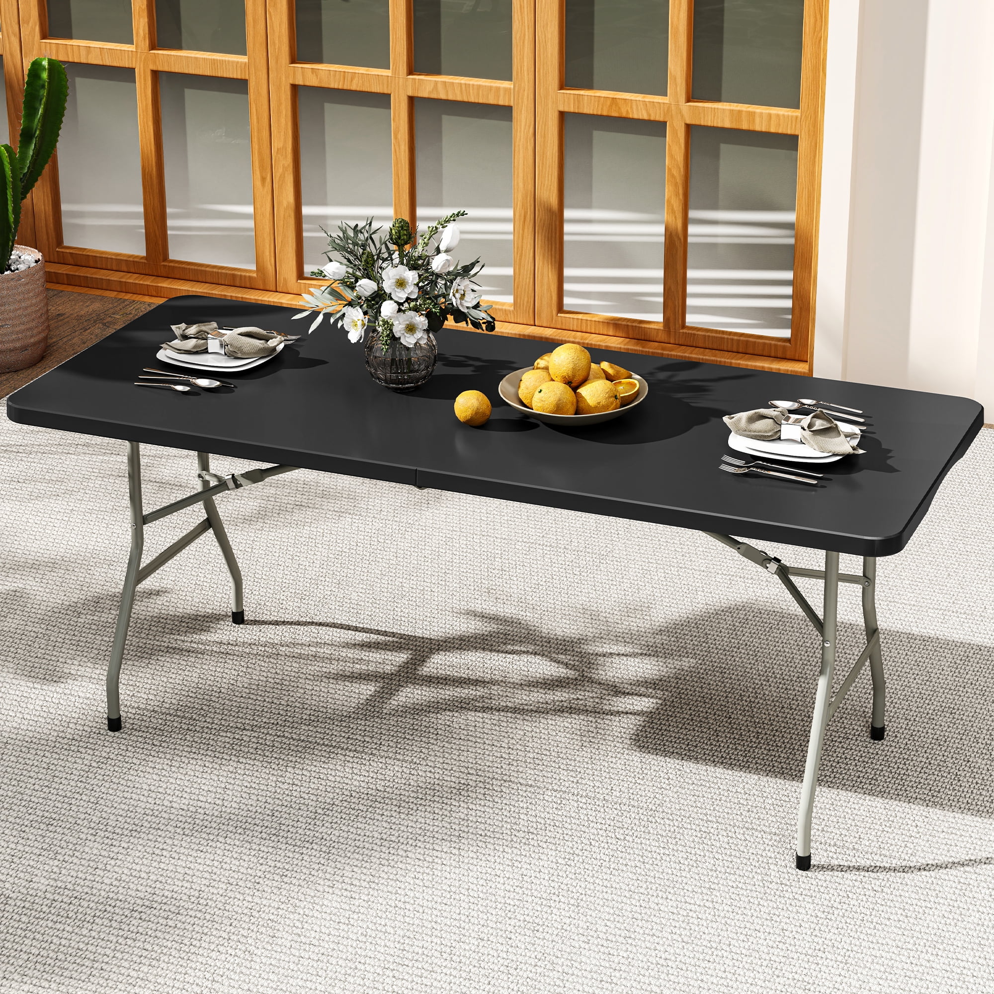 Dextrus 6ft Black Plastic Folding Picnic Table with Metal Frame