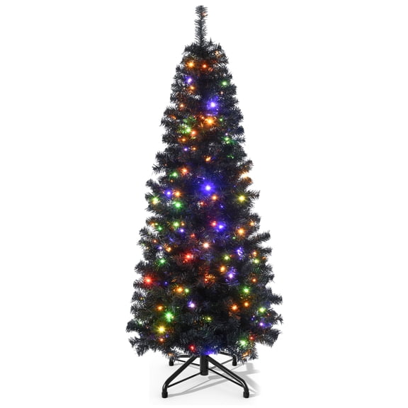 Dextrus 6ft Pre-Lit Artificial Pencil Christmas Tree,Hinged Artificial Slim Christmas Tree with 700 Branch Tips, 200 Lights, for Home, Office, and Party Decor,Black