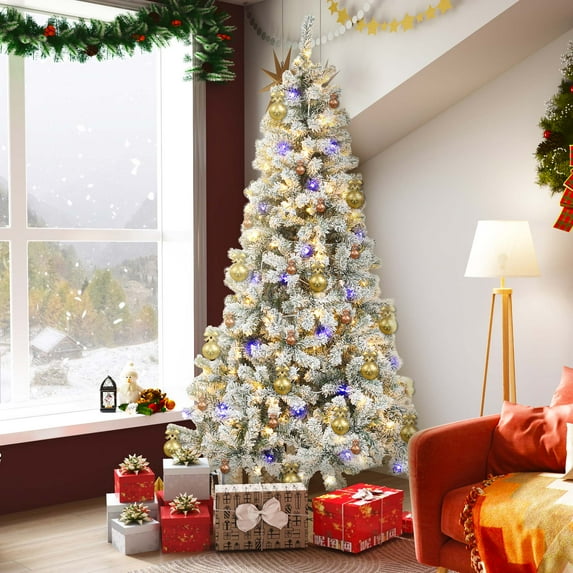 Dextrus 6ft Pre-lit Snow Flocked Christmas Tree, Holiday Artificial Christmas Pine Tree with 1000 Branch Tips & 250 Lights, Remote Control,11 Modes, Green Flocked